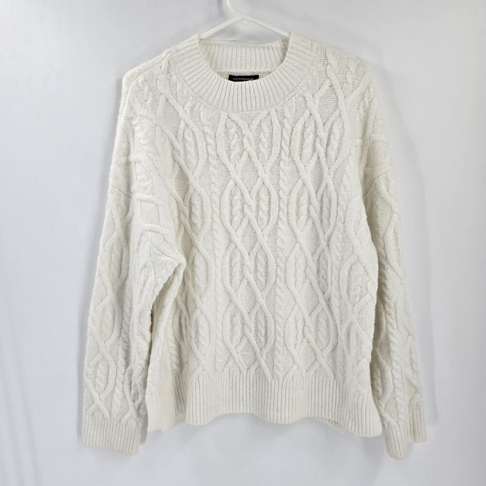 Calligraphie Anthropologie Women’s White Cable Knit Sweater – Sz XL Chunky Knit
